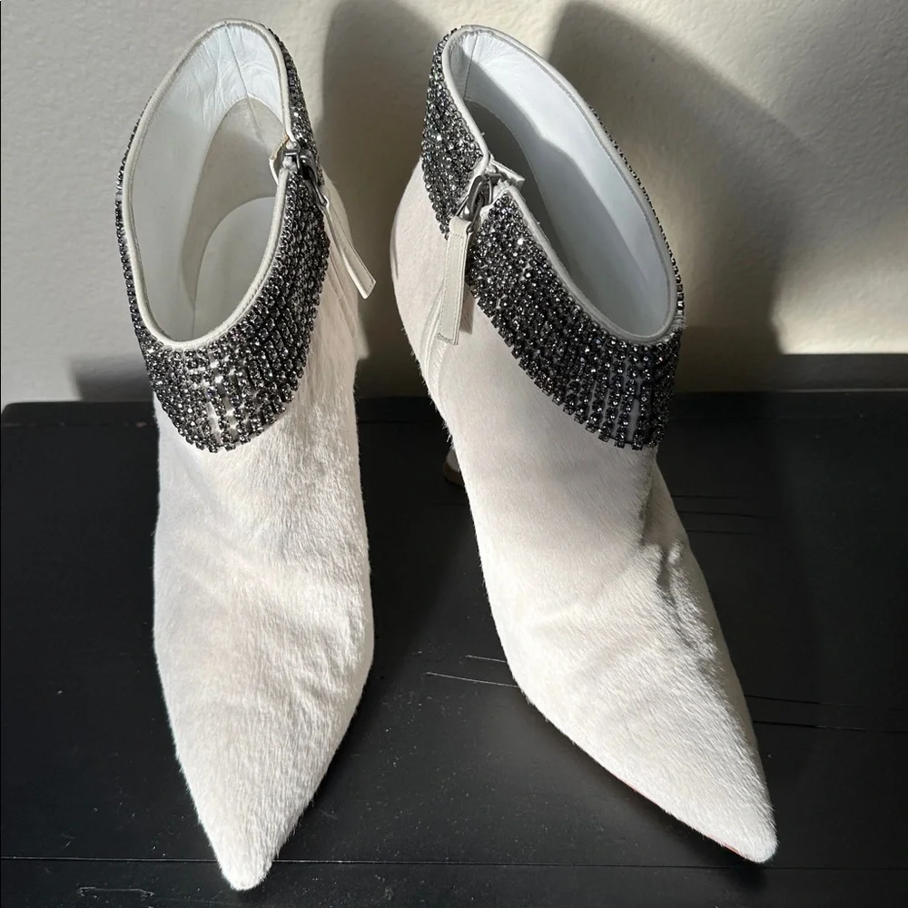 Manolo Blahnik Bomabi Calf Hair & Crystal White Ankle Pointed Toe Booties 38